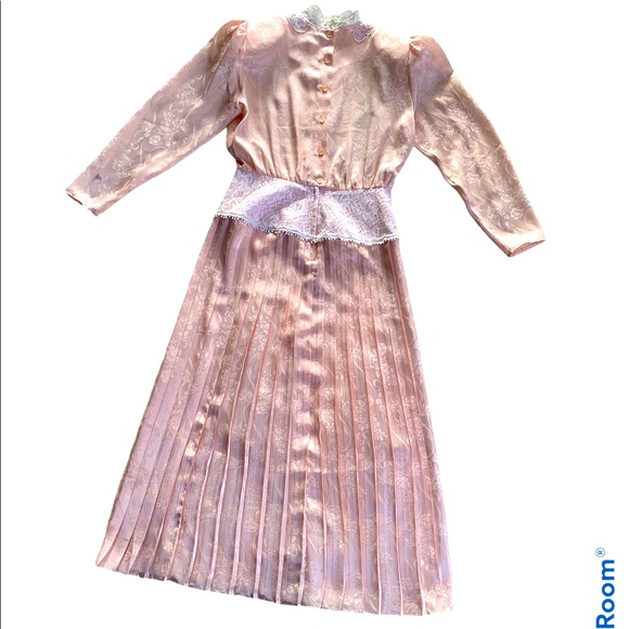 Vintage Lace Bodice Pleated Dress sz 8 - Picture 2 of 8